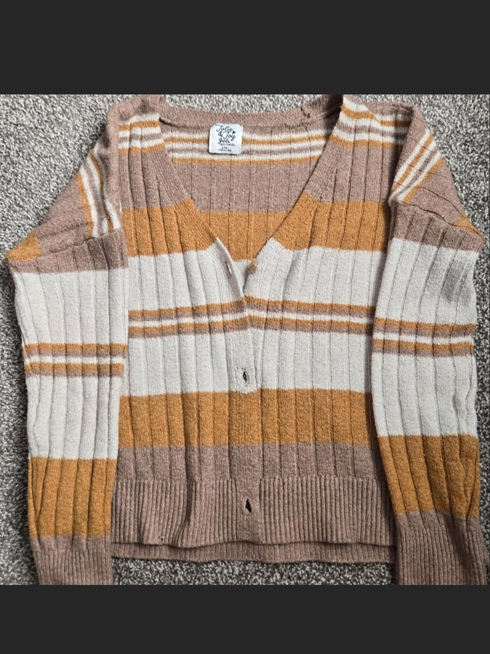 Striped V-Neck Cardigan Sweater - Mustard, Cream & Taupe